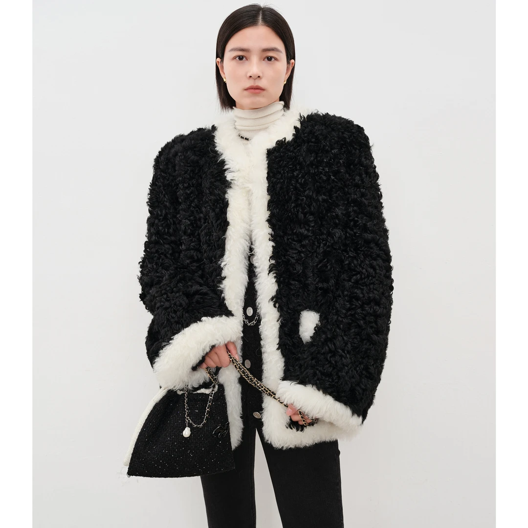 CHICJOC黑白巴黎 高端BABY羔羊皮毛一体 香风爆款熊猫色钻扣皮