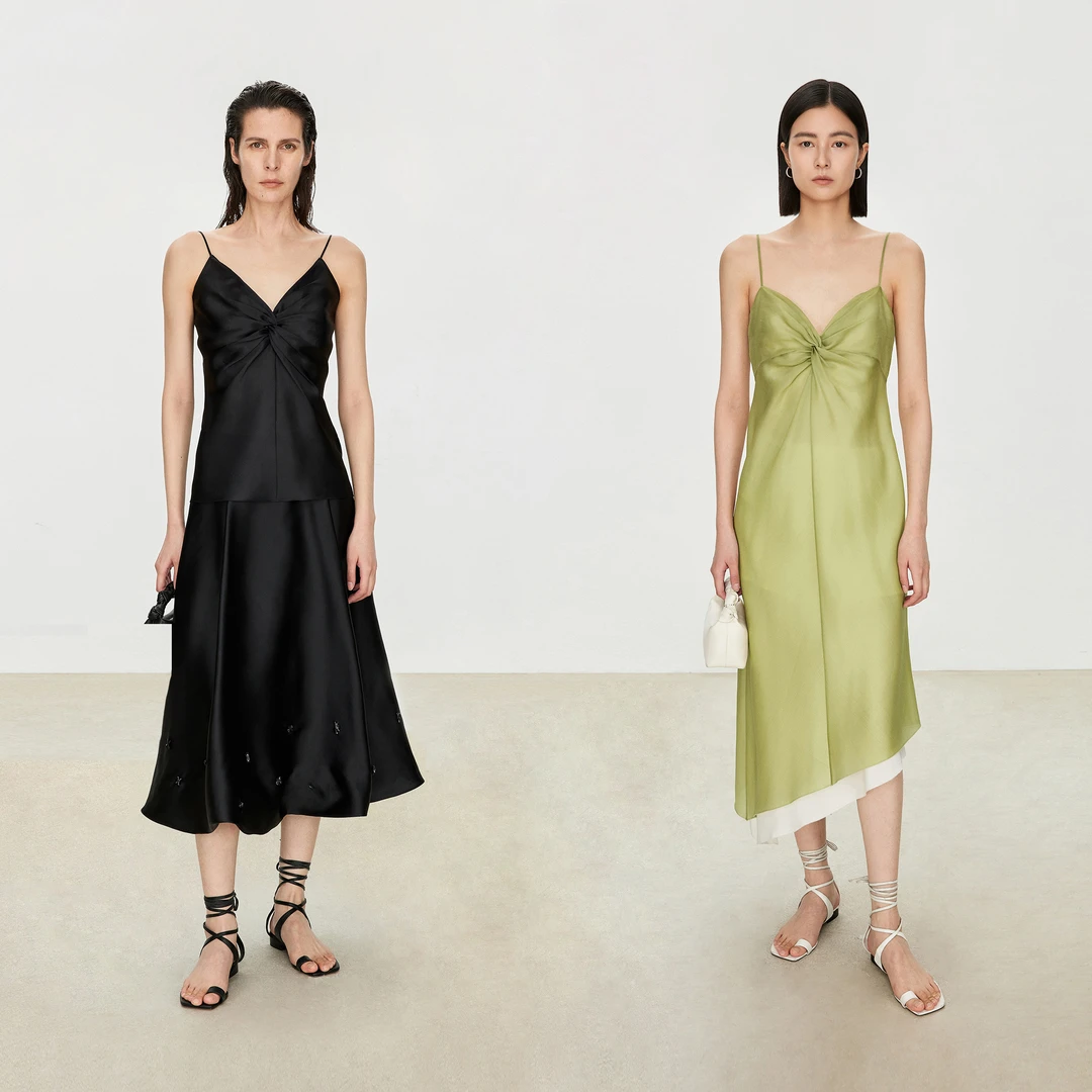 CHICJOC专柜真丝欧根缎静奢立体纽结吊带/假2件斜摆连衣裙/钉珠裙