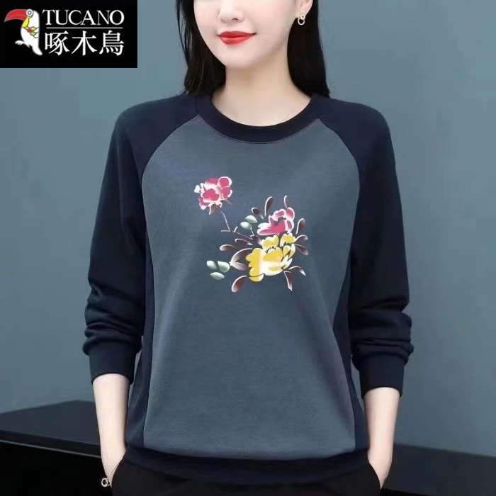 啄木鸟正品新款长袖t恤女2024韩版百搭宽松拼接洋气早秋薄款体恤
