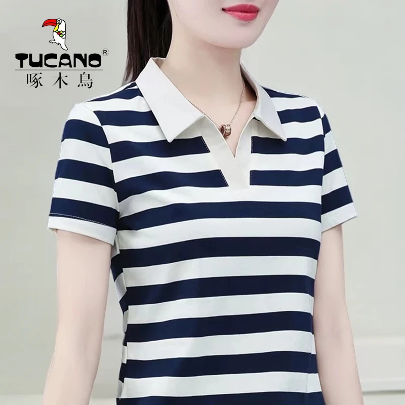 啄木鸟夏季潮流百搭时尚拼接撞色条纹短袖新款POLO翻领显瘦t恤女