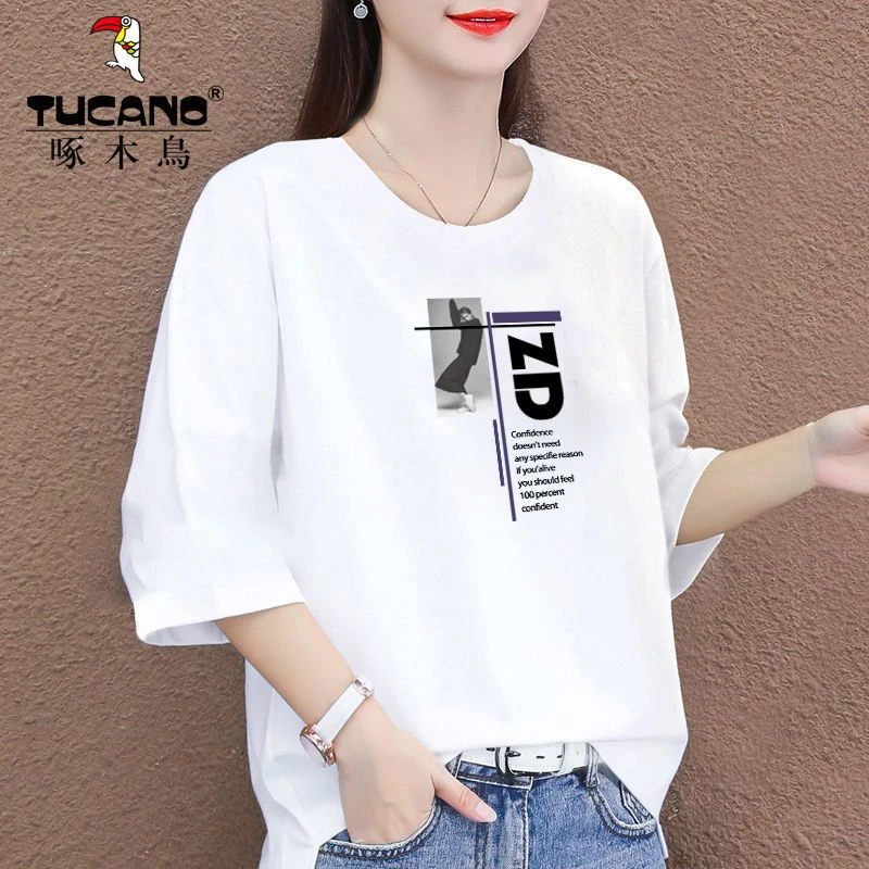 啄木鸟宽松七分袖t恤女中袖设计感小众短袖大码上衣夏季95棉t桖