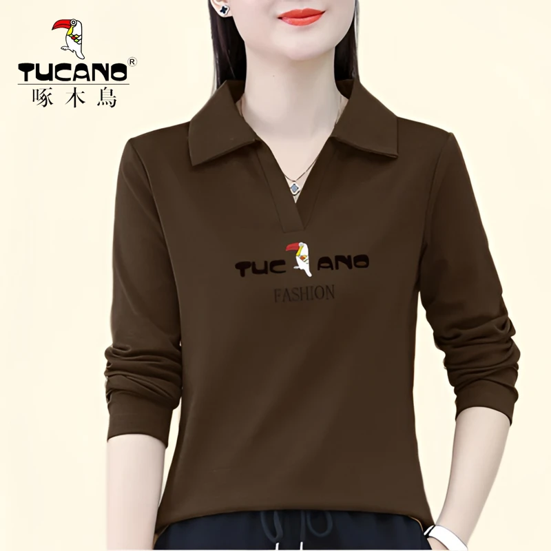 啄木鸟2024年春夏新款时尚百搭宽松简约T恤翻领长袖纯色打底上衣