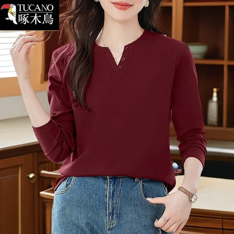 啄木鸟纯色纽扣长袖T恤女2024秋冬新款爆款内搭薄款V领上衣打底衫