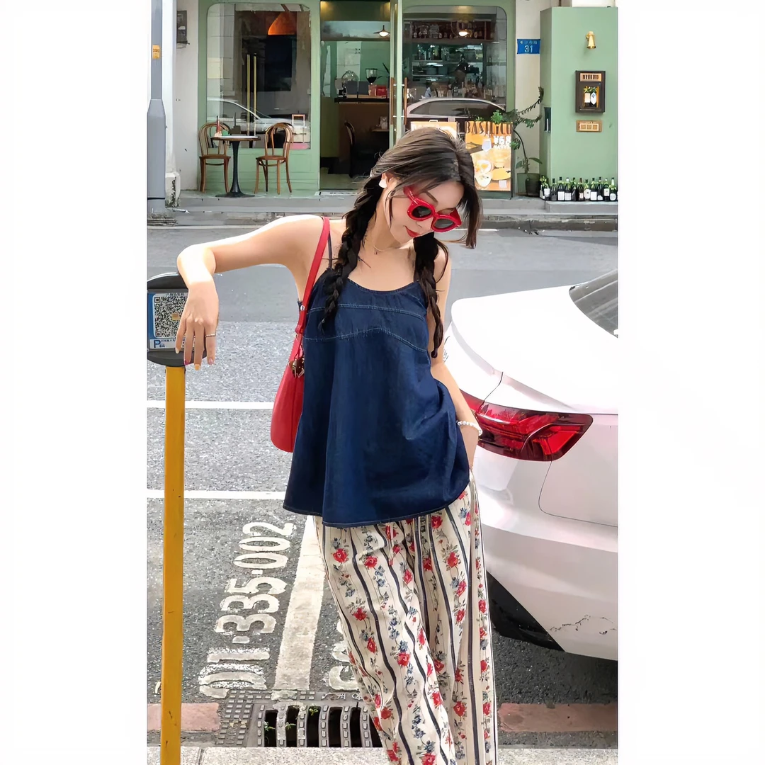 清清【茶花会】1夏季碎花女款休闲裤新款宽松版3761