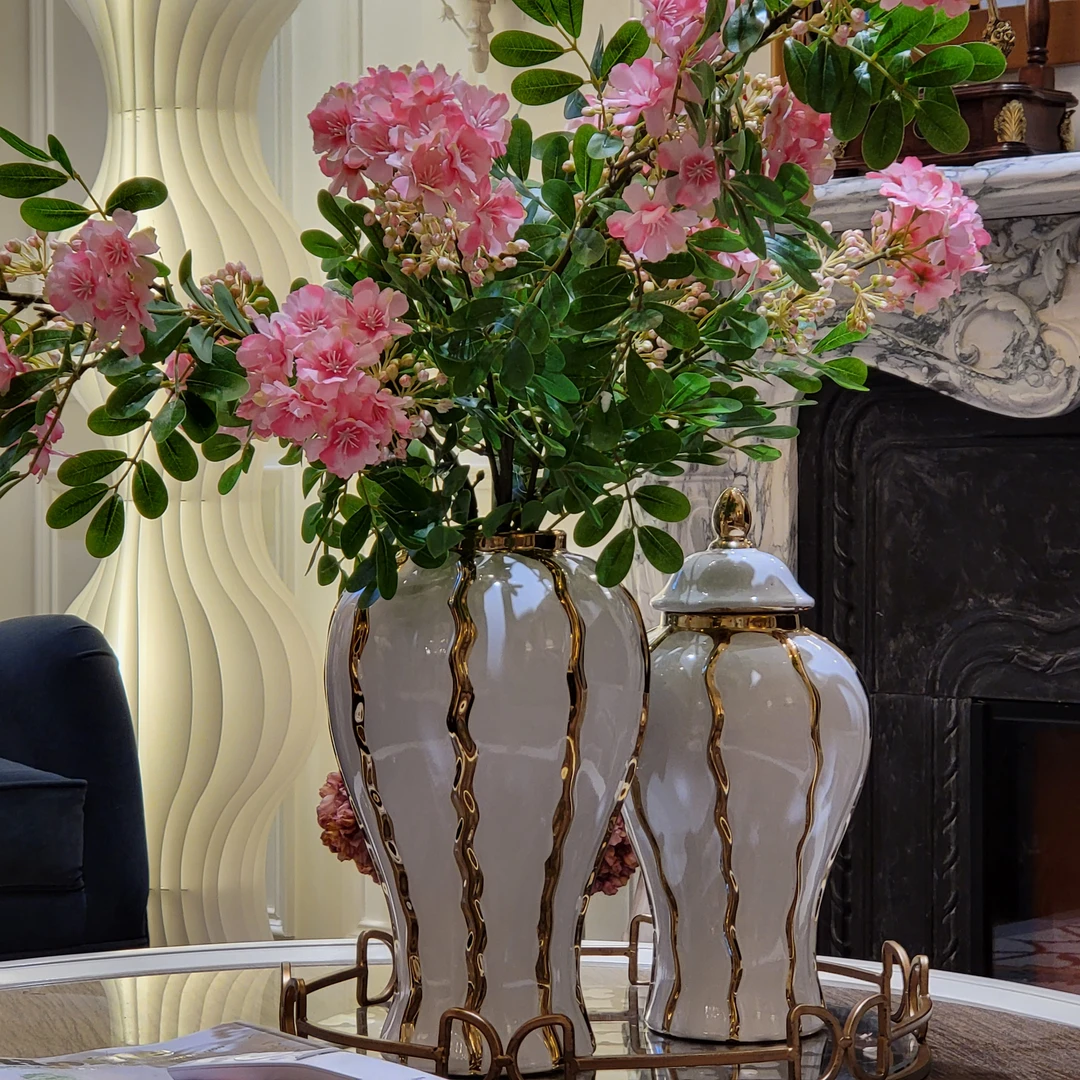 欧式轻奢高级感摆件电镀白金条纹将军罐花瓶客厅玄关花器