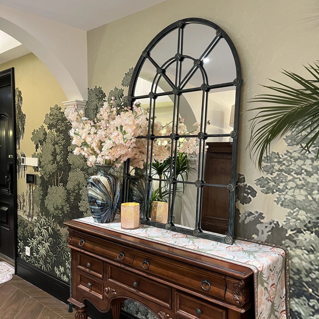 茉里安家居欧美式铁艺装饰镜子壁饰圆弧窗客餐厅壁景玄关壁炉民宿