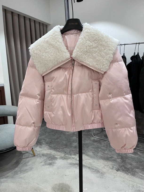 欧洲站羊毛毛领羽绒服2024冬加厚洋气白鹅绒短款外套8366