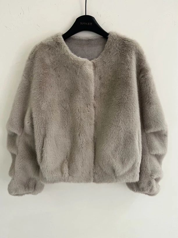 平替抽绳袖灰色平替毛毛外套