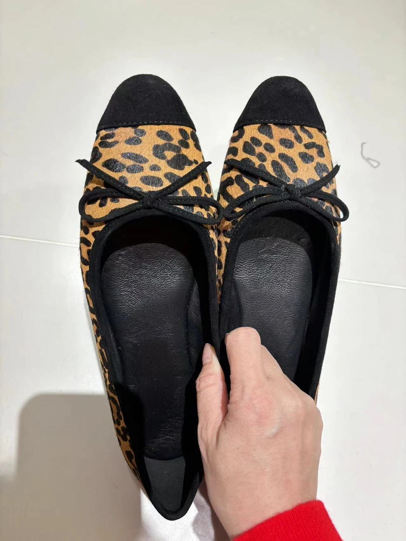 欧货豹纹平底单鞋羊皮蝴蝶结马毛小香风芭蕾舞鞋