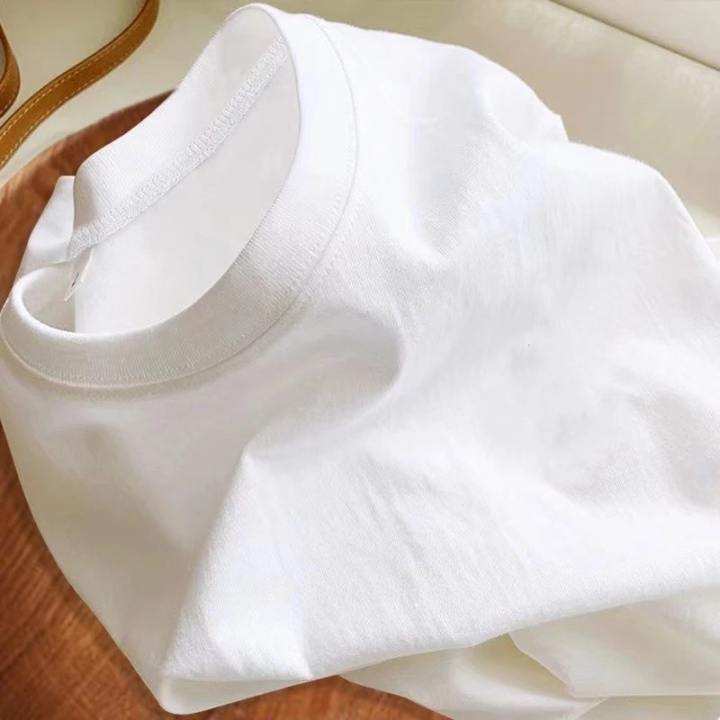 重磅不透纯色t恤纯棉女圆领宽松短袖t恤女百搭白色上衣打底衫短袖