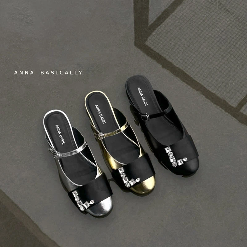 现货】ALK1133/2.5cm牛皮平底穆勒鞋女夏季圆头法式一字带半拖鞋