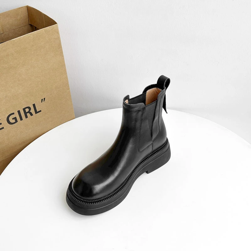 4cm/AL1509牛皮切尔西靴女春秋真皮单靴厚底增高短靴马丁靴黑色