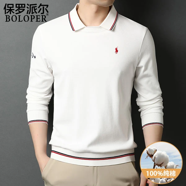 保罗100%纯棉长袖t恤男春季新款白色polo衫潮流男士韩版春秋上衣
