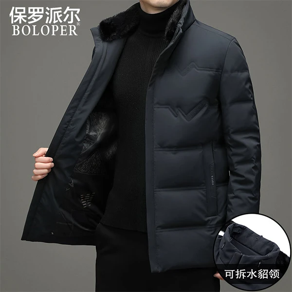 保罗水貂毛立领白鸭绒羽绒服男短款冬季加厚中老年爸爸冬装外套男