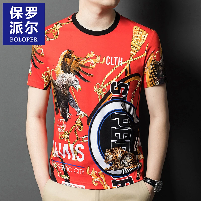 保罗欧洲站纯棉短袖t恤男夏季圆领潮流时尚痞帅印花半袖纯棉上衣