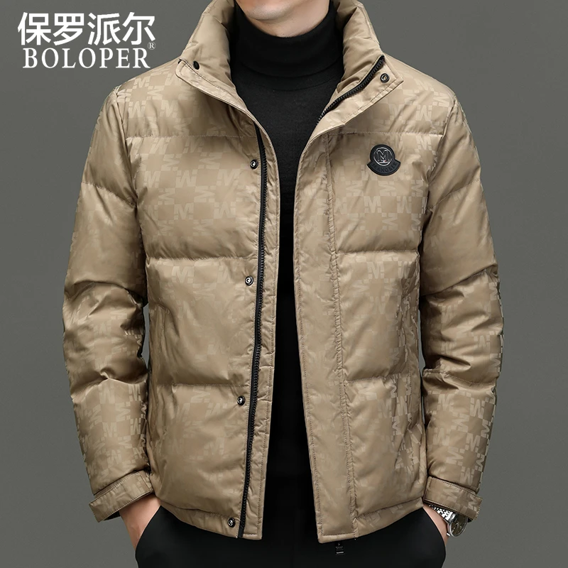 保罗羽绒服男冬季加厚保暖中年男士白鸭绒外套立领时尚休闲短款