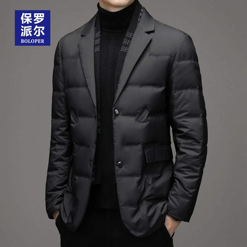 保罗男士休闲羽绒服高档西装毛领可拆卸保暖鸭绒时尚新款修身西服