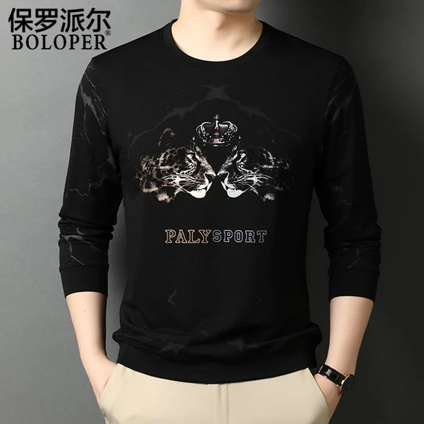 保罗长袖t恤男春秋圆领宽松潮流印花薄款体恤韩版青年休闲打底衫