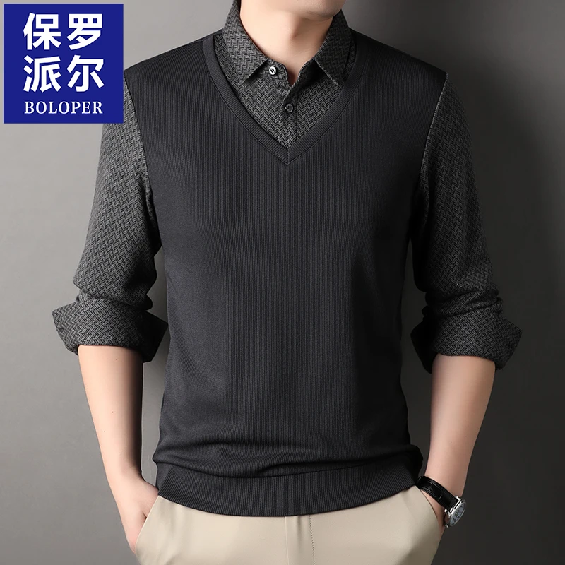 保罗衬衫领男士毛衣中年假两件打底衫男春秋商务休闲百搭针织衫潮
