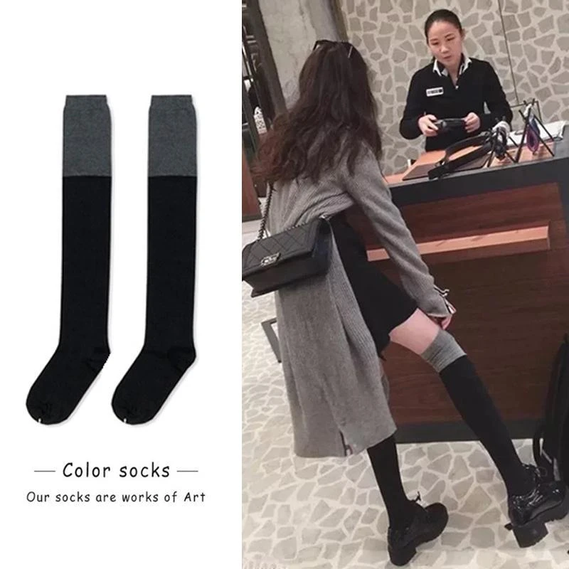 长筒袜女春秋新款显瘦高筒过膝袜子日系黑色拼接靴袜ins潮T181
