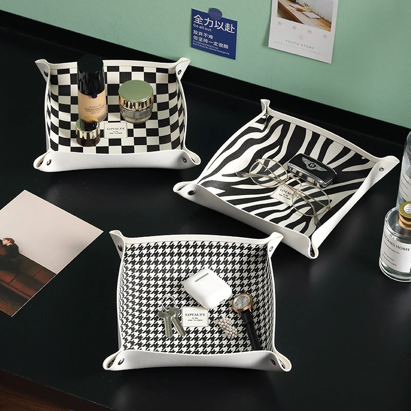 北欧风千鸟格置物盘客厅收纳盒口红化妆品钥匙桌面宿舍置物盒F399