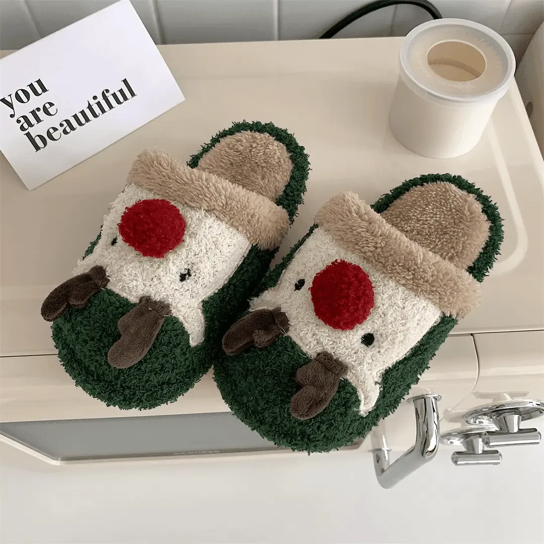 韩版卡通可爱圣诞麋鹿款居家防滑保暖包头鞋冬时尚款学生拖鞋Q198