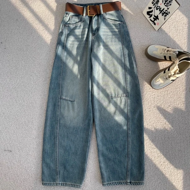 ［巧巧定制］新款韩版百搭修身时尚复古加绒阔腿弯刀裤牛仔裤 51126