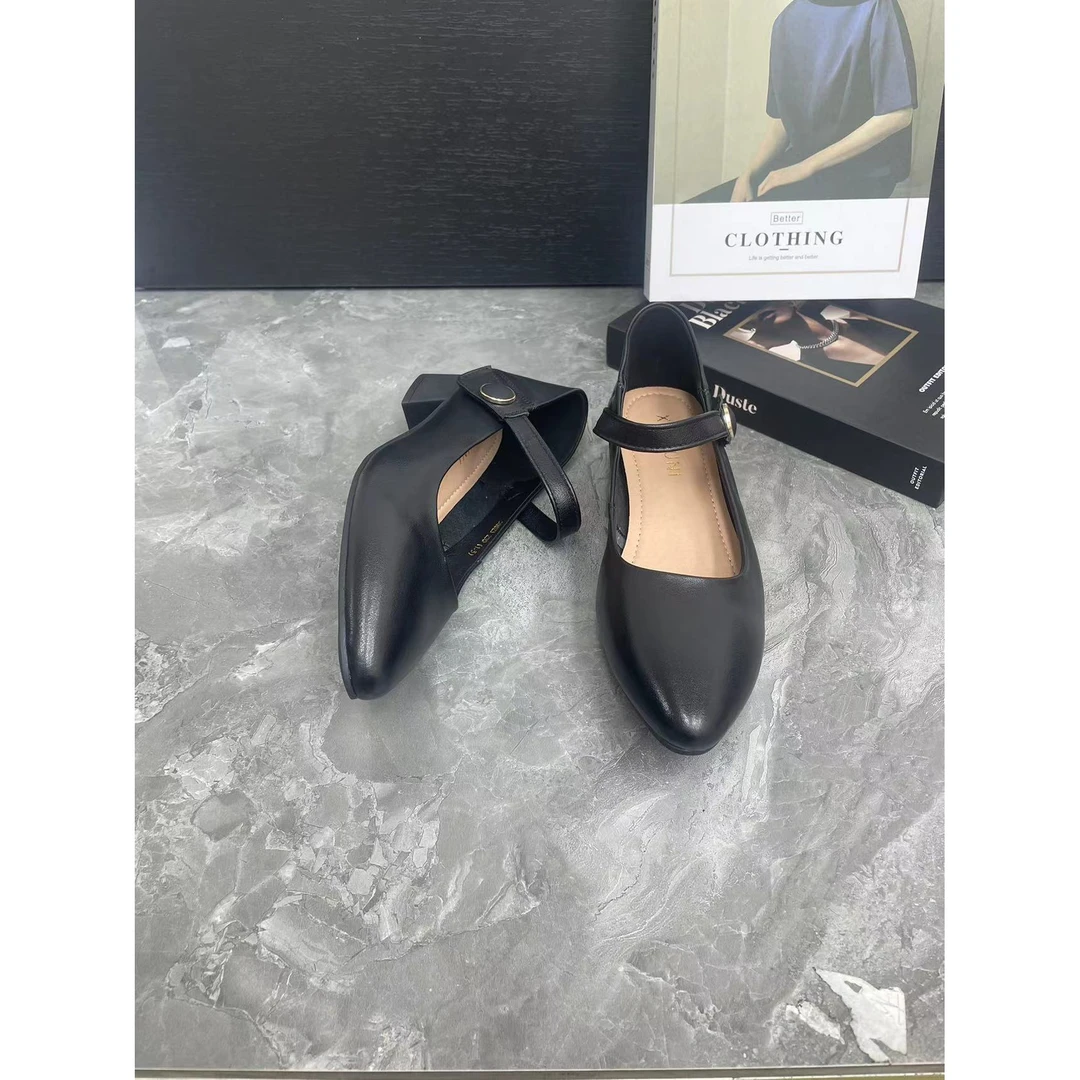 雪58823黑色   气质尖头浅口时尚百搭一字带粗跟女鞋