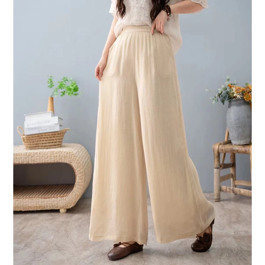 净色苎麻双层阔腿裤