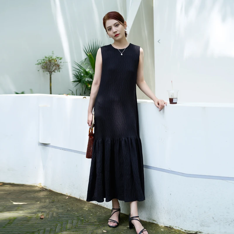 連衣裙女 醋酸 時尚無袖长款 法式赫本风 轻奢黑色新款TY003