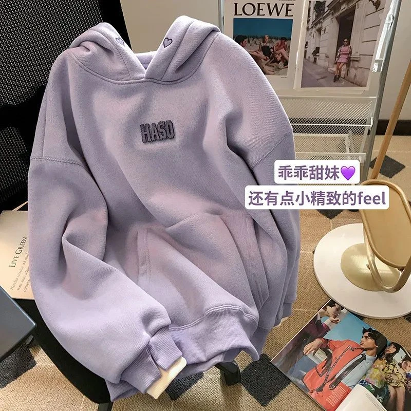 紫色爱心加绒加厚连帽卫衣秋冬新款复古学院风套头上衣潮