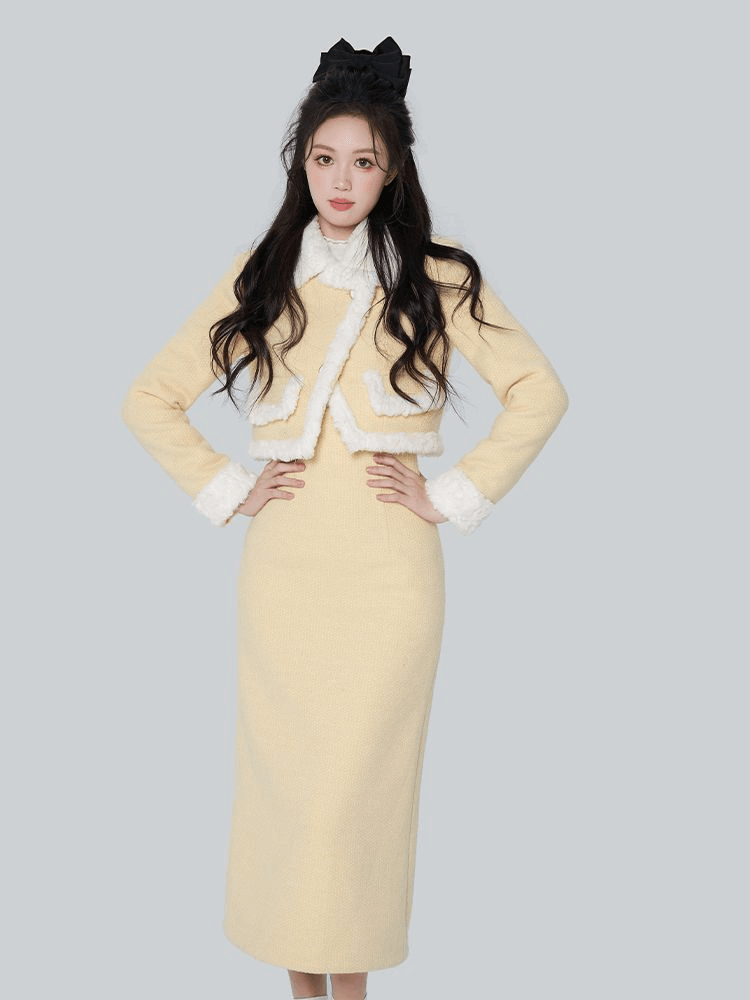 秋冬高级感奶呼呼小香风短外套高腰显瘦直筒半身长裙名媛气质套装