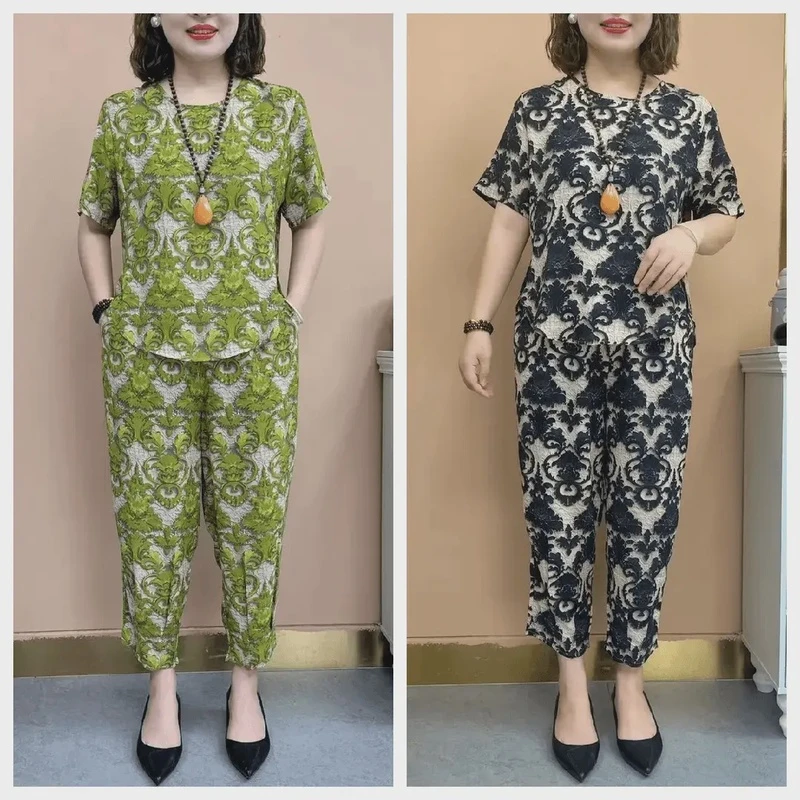 妈妈装夏季新款套装中年中老年女装宽松显瘦时尚妈妈装休闲两件套