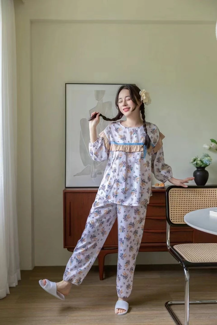YQ【杏色花韵】时尚碎花显瘦气质家居服睡衣宽松薄款夏季女套装长袖