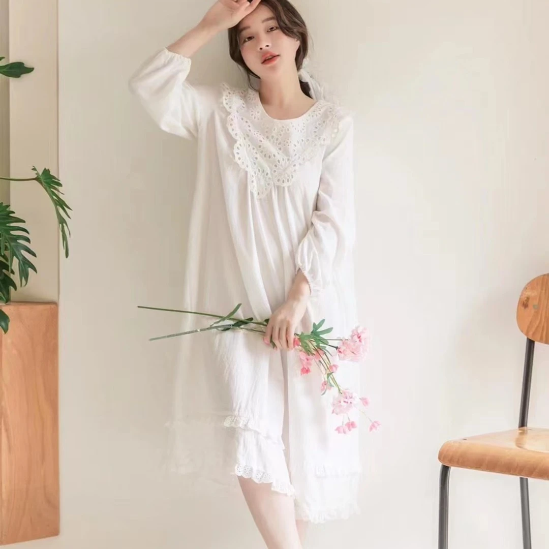 YQ【一眼万年】家居服睡裙薄款白色长款秋冬长袖蕾丝Q2257