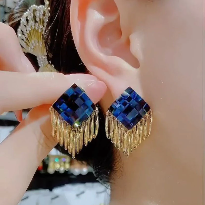 铜合金耳饰 时尚精致蓝色菱形多层流苏耳钉银针气质高级轻奢耳环