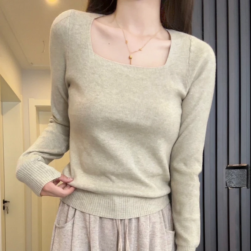 2024年新款高腰方领软糯长袖针织衫女洋气内搭打底衫上衣修身