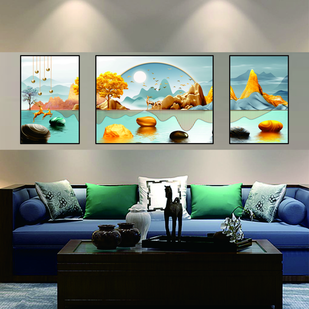 现代简约轻奢客厅装饰画沙发背景墙高端大气三联挂画晶瓷画晶钻画