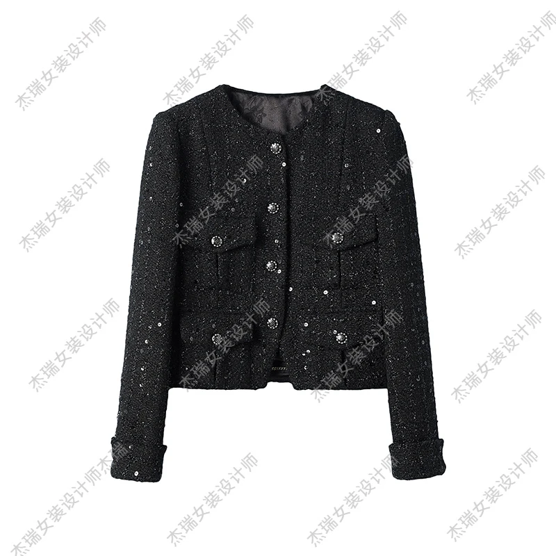 【灿若繁星】2023新款时尚百搭圆领粗花呢气质休闲小香风短外套女