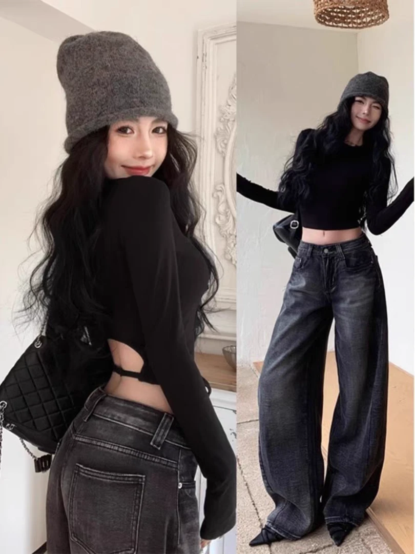 【北北】辣妹露脐镂空长袖T恤春季黑色时尚紧身显瘦小众短款打底衫