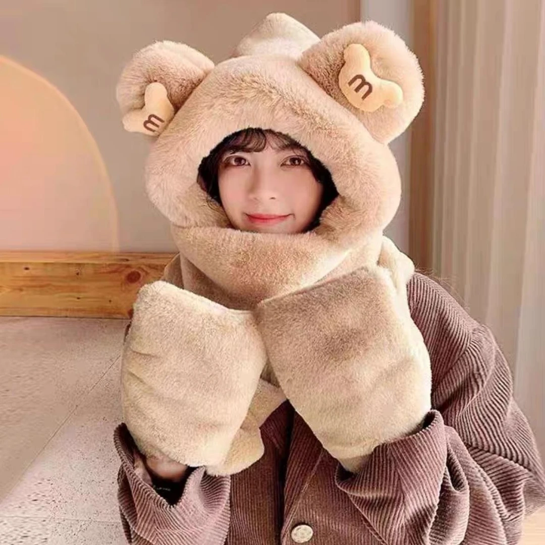 【大人款】米奇头毛绒帽子冬季冬天围巾一体手套围脖连帽女可爱