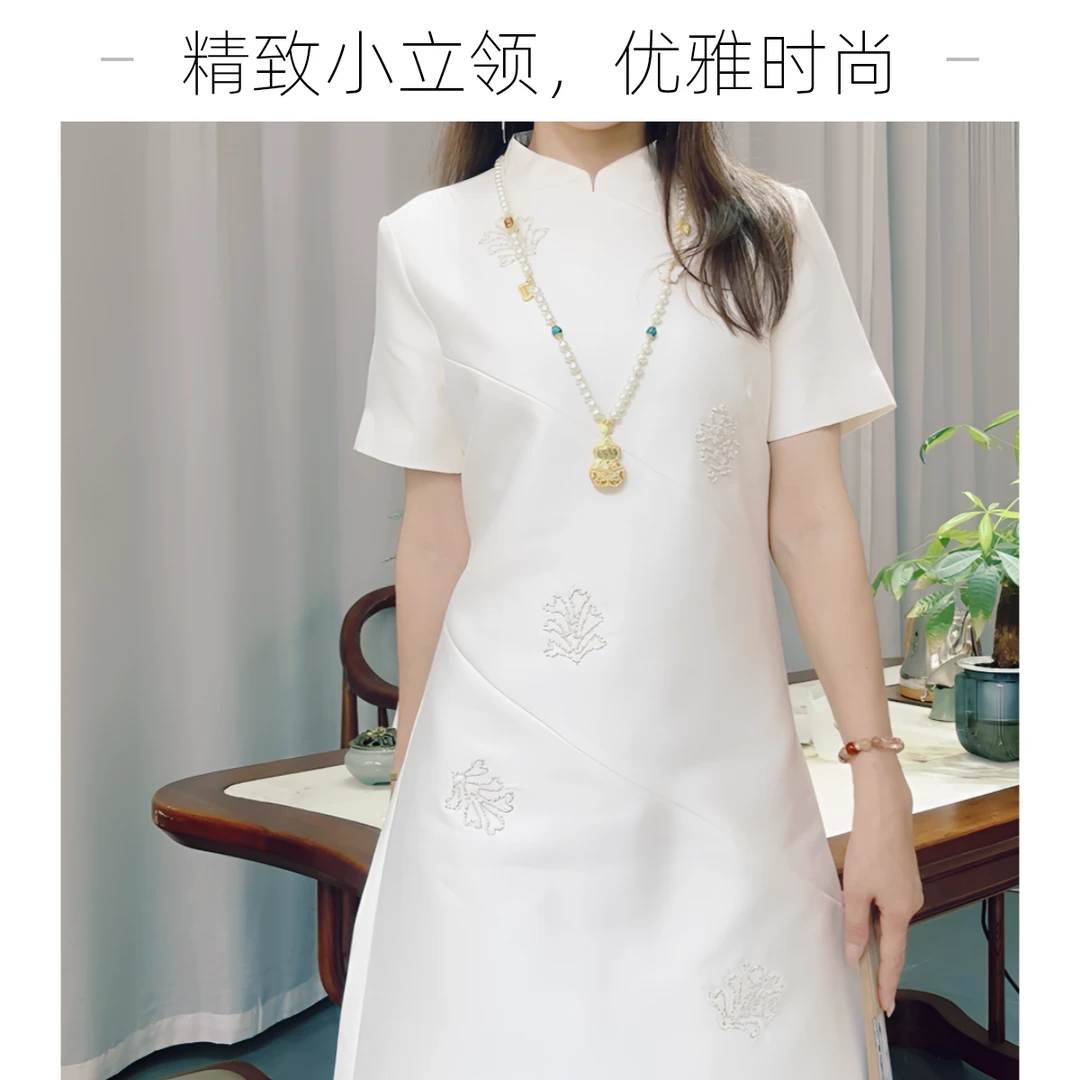Rosa原创设计【繁花】重工刺绣钉珠中式立领收腰连衣裙气质复古