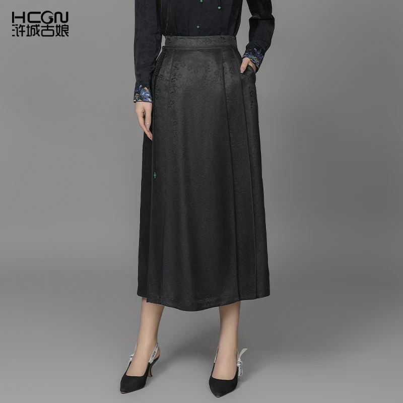 【100桑蚕丝】中国风重工提花A字显瘦黑色墨深香云纱马面裙ACL19717