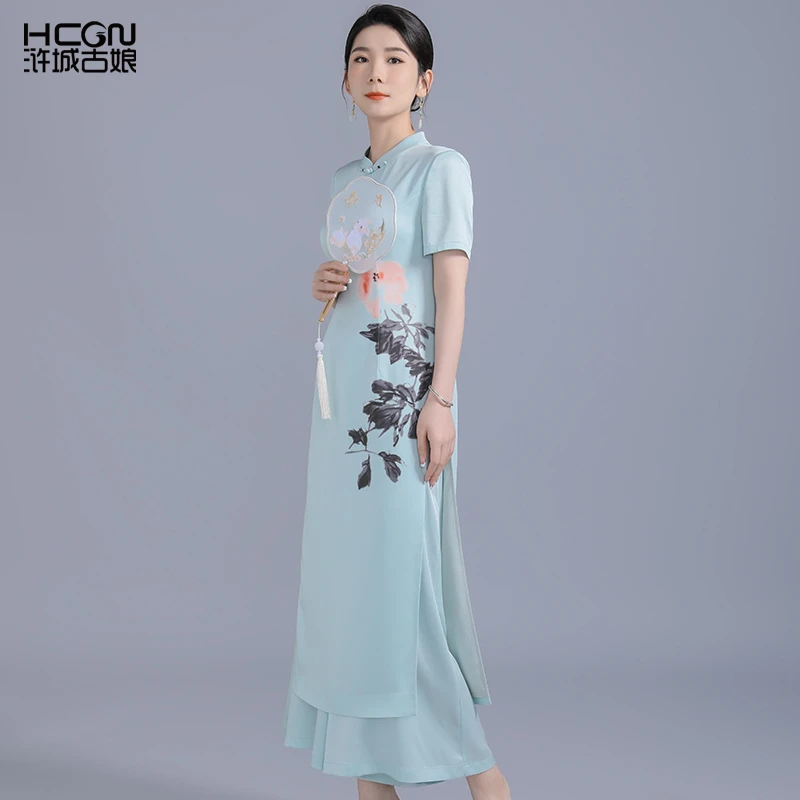 夏季醋酸高腰开衩娇香奥黛连衣裙阔腿裤套装-BMT17709+BMT19582