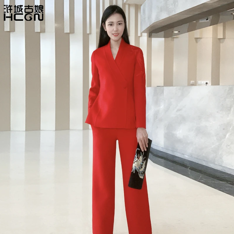 浒城古娘中式国风气质修身时尚鸾凤双面呢套装-21D18202+21D19178