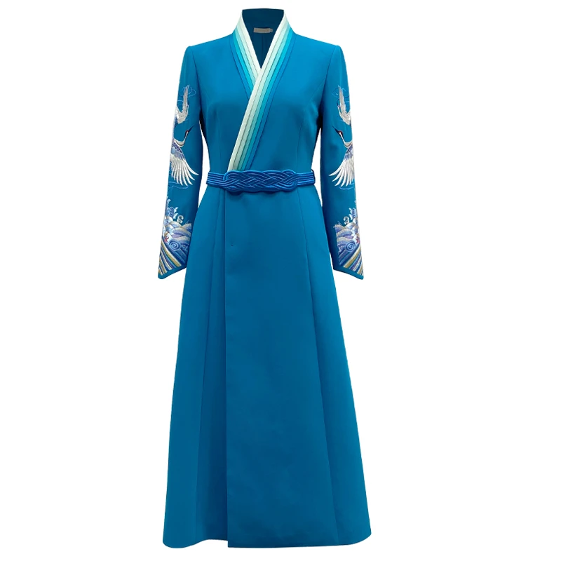 浒城古娘中国风汉服连衣裙复古刺绣修身气质江月映鹤战袍11A23275
