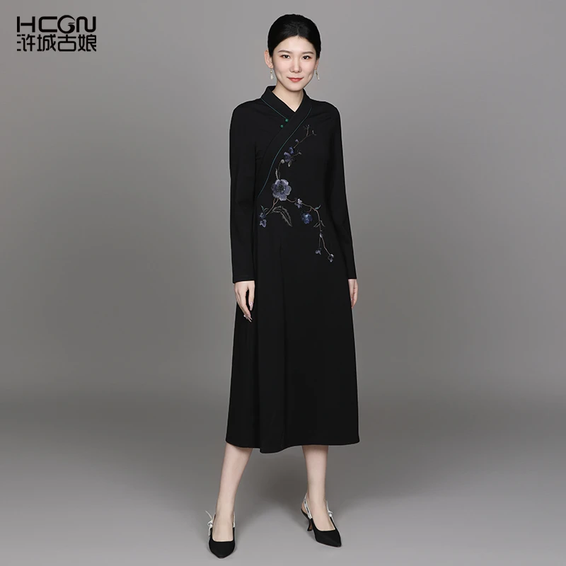 浒城古娘罗马棉国风刺绣百搭优雅女中长款雅信罗马连衣裙ACL17926