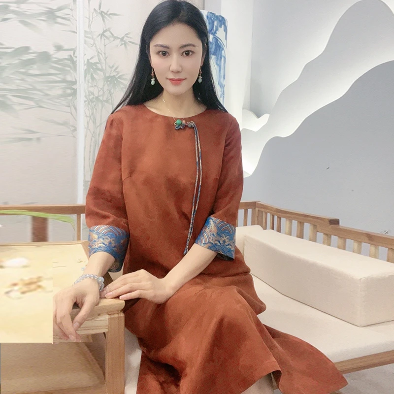 中国风气质手工盘扣真丝舒适百搭圆领轻奢女装连衣裙-SY032902