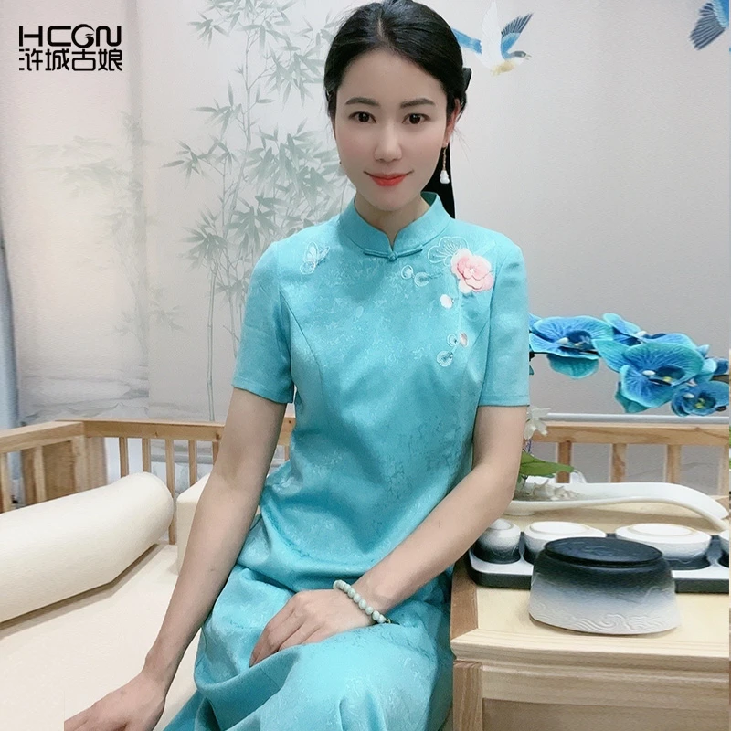 浒城古娘醋酸中式提花A字裙立体花刺绣气质女香汐连衣裙BMT17639