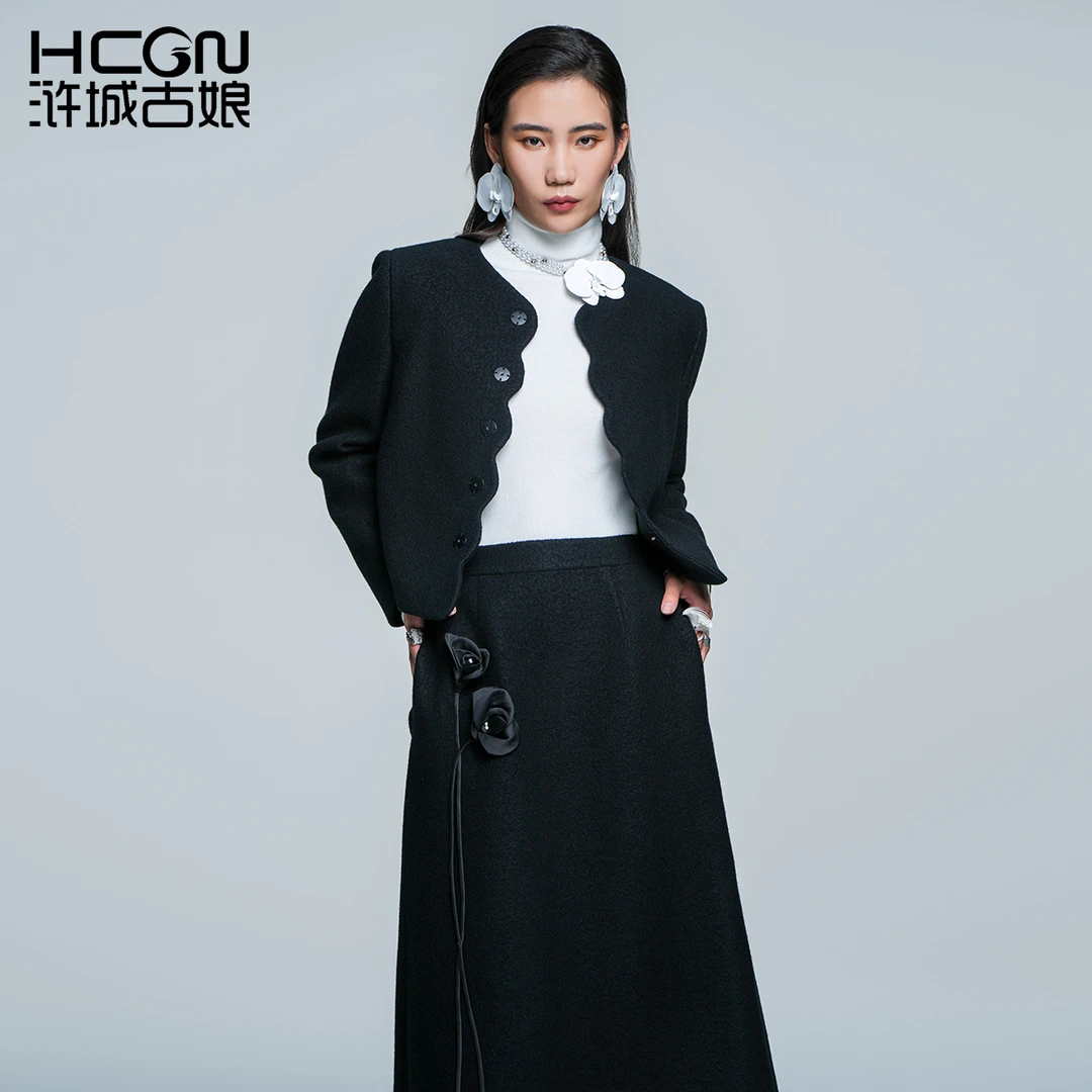 绵羊毛国风高端刺绣黑色百搭气质通勤静香套装GDC61503+GDC61605